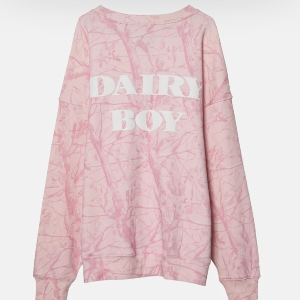 NWT Dairy Boy bubblegum pink camo crewneck with white puff